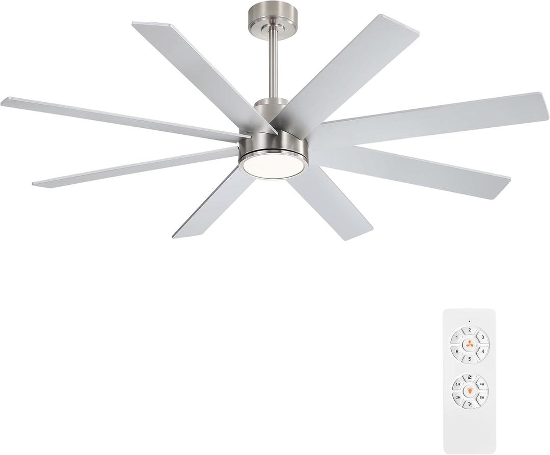 WINGBO 60" Large DC Ceiling Fans with Lights and Remote, 3 Downrods, 8 Plywood Blades, 6-Speeds Reversible DC Motor, 3CCT, Indoor Ceiling Fan for Bedroom Living Room Patio, Brushed Nickel and Silver