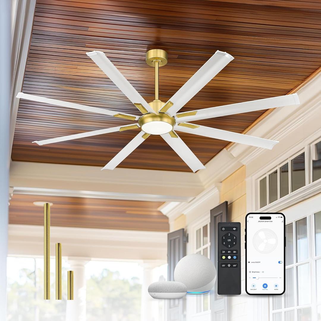 72 Inch White & Gold Ceiling Fan, Smart Ceiling Fan with Voice Control,  Large Ceiling Fan With 8 Aluminum Metal Blades,CF04BGW-72