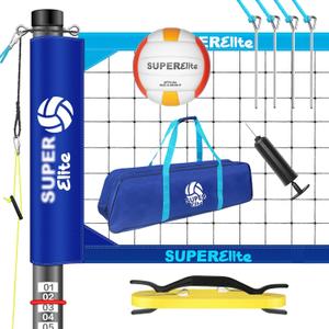 Portable Professional Volleyball Net with Aluminum Poles for Outdoor Backyard Heavy Duty Set Easy Tensioning System, Adjustable Height, Scoring, 32 ft Regulation (Blue)