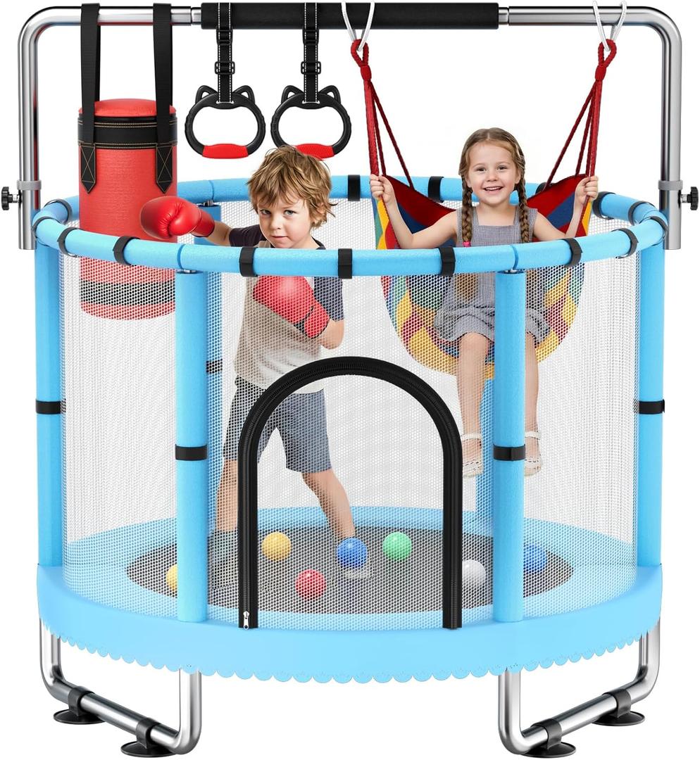 55" Trampoline for Kids with Enclosure, Easy Assembly
440lbs Trampoline with net, 5-in-1 Indoor/Outdoor Toddler Trampoline with Adjustable Gymnastics Bar