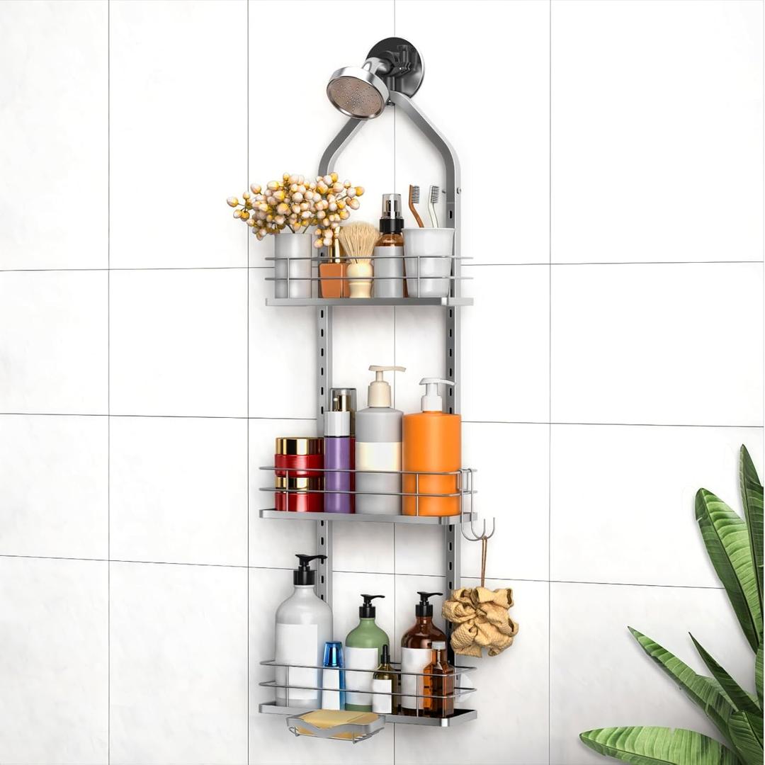 Shower Caddy Hanging (Silver), Adjustable Anti-Swing-Over The Shower Head Caddy, 3 Tier Height Bathroom Storage Organizer Bathroom Shelves Basket Rack Shower Caddies (3Tier)