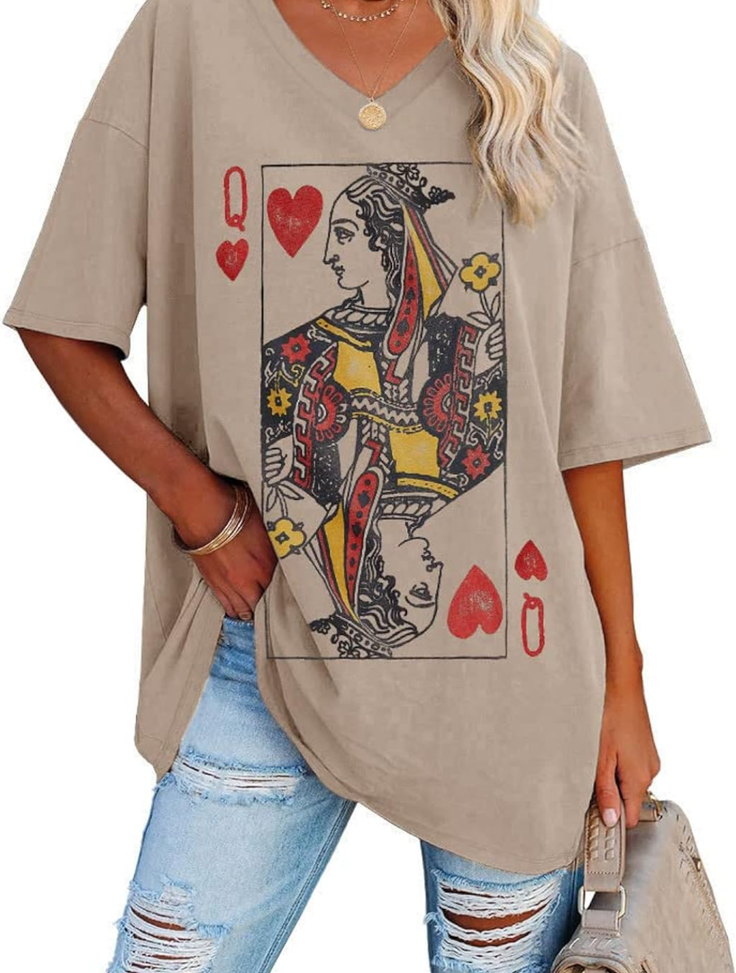 Fazortev Womens Oversized Queen Of Hearts Graphic T Shirts Casual V Neck Half Sleeve Summer Loose Tees Tunic Tops, XL