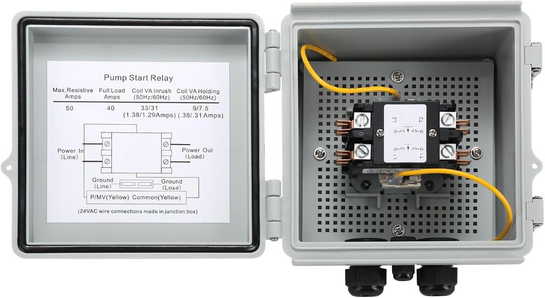 Briidea Irrigation Pump Start Sprinkler Relay, Waterproof Box, 2-Pole AC Contactor, 40A 24V Coil, Compatible with Pumps Up to 5HP