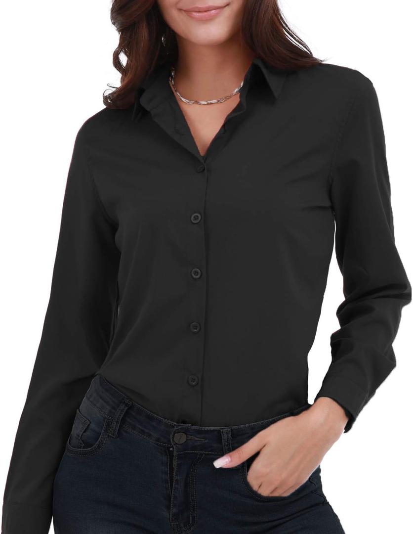 Women's Basic Button Down Shirts Long Sleeve Plus Size Simple Stretch Formal Casual Shirt Blouse (S, Black) Women's Basic Button Down Shirts Long Sleeve Plus Size Simple Stretch Formal Casual Shirt Blouse (S, Black)