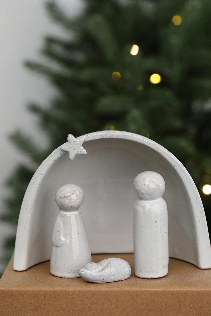 WONDROUS' DECO Porcelain Nativity Scene Set,4Pcs Ceramic Christmas Tabletop Scene-4.5" Tall,Small Modern Nativity Ornament,Christmas Indoor Decor,Mini Sets&Nativity Figures,Unique Xmas (Gray)