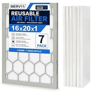 OlitAir 16x20x1 MERV 11 Air Filter,AC Furnace Air Filter,Reusable ABS Plastic Frame, 7 Pack Replaceable Filter Media (Actual Size: 15 3/4" x 19 3/4" x 3/4")