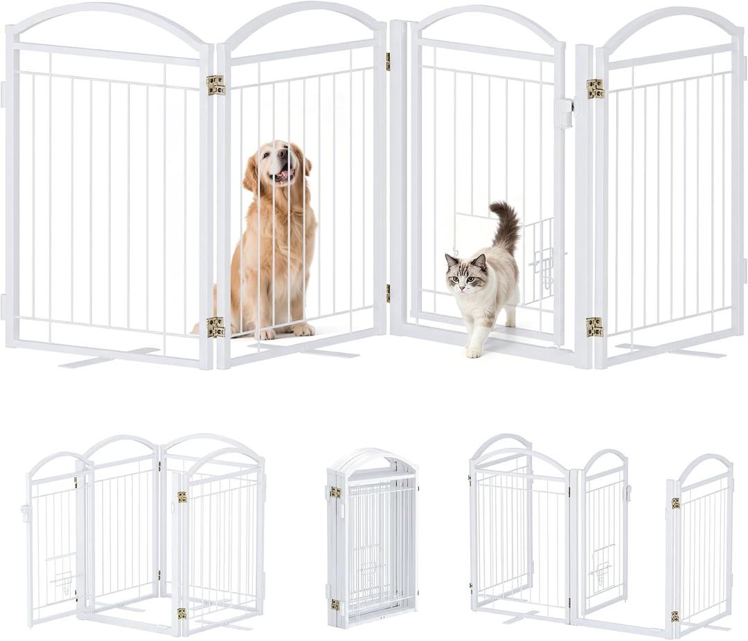 Metal Freestanding Dog Gate,Outdoor Indoor Dog Fence
80”Extra Wide Foldable Puppy Gate for Stair,Yard,Hallways,with Cat Door,4 Panels,White