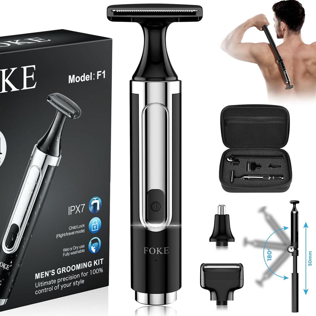 FOKE Back Shaver for Men, Ultra-Wide 1.8" T-Shaped Head, Includes Travel Case, Mens Back Shaver Rechargeable with Long Handle, Safety Lock, Waterproof IPX7, Multi-Functional Body Hair Trimmer,(Black)