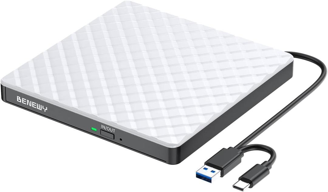 BENEWY External CD DVD Drive for Laptop, USB 3.0 USB C CD Burner DVD/CD ROM Drive Reader External DVD Drive DVD Player for Laptop Desktop PC Windows 11/10/8.1/7 MacBook Mac Linux OS Apple White