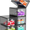 6 Pack Upgrade Harder Shoe Organizer, Shoe Storage with Magnetic Front Door, Clear Shoe Boxes Foldable Space-Saving Shoe Rack for Sneaker Boot Container, Black