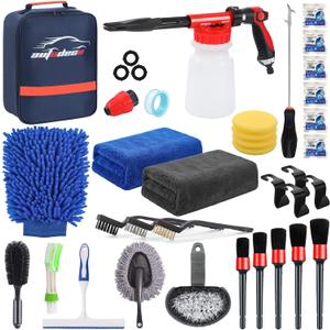 AUTODECO 33Pcs Car Wash Detailing Kit Cleaning Kits with Foam Sprayer Brush Large Wash Mitt Towels Complete Interior Exterior Car Washing Supply Set Blue