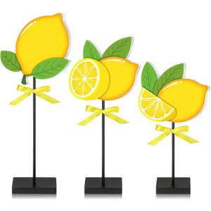 3 Pcs Summer Standing Wooden Lemon Tabletop Home Decor Lemon Wood Table Sign Rustic Wooden Tabletop Centerpiece Fresh Lemonade Tall Standing Block Decorations for Farmhouse Rustic Kitchen