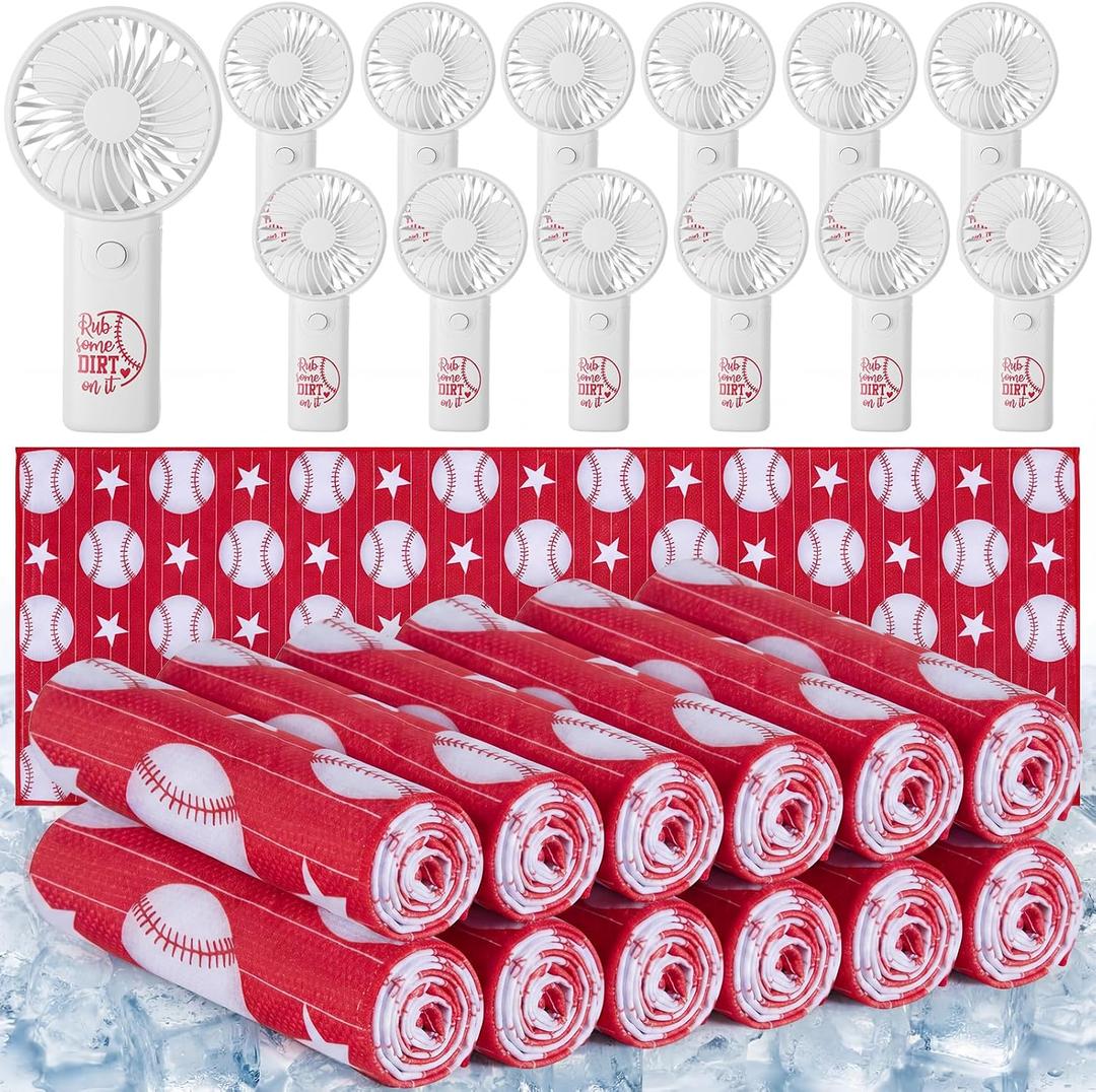 VIHOSE 12 Sets End of Season Baseball Team Gifts Sets Includes Portable Mini Handheld Fans Cooling Towels and Baseball Ribbons Bulk for Sports Event Party Favors, Team Players, Coaches, Fans