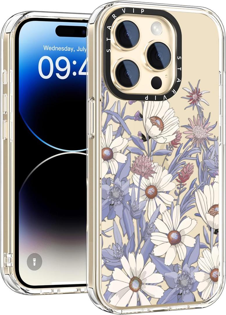 Wildflower Phone Case for iPhone 14 Pro Max Cute Trendy Aesthetic Floral Design for Women & Girls - Military-Grade Drop Protection - Clear Hard Shell Protective Cover - White Purple Floral