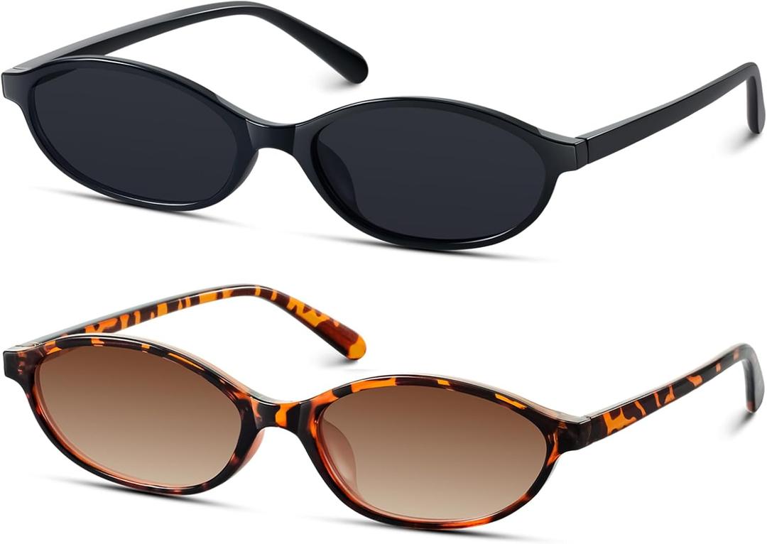 KUGUAOK Retro Oval Sunglasses for Women 90s Design Small Cat Eye Sun Glasses UV Protection Y2k Trendy Narrow Shades (One Size, Black+leopard)