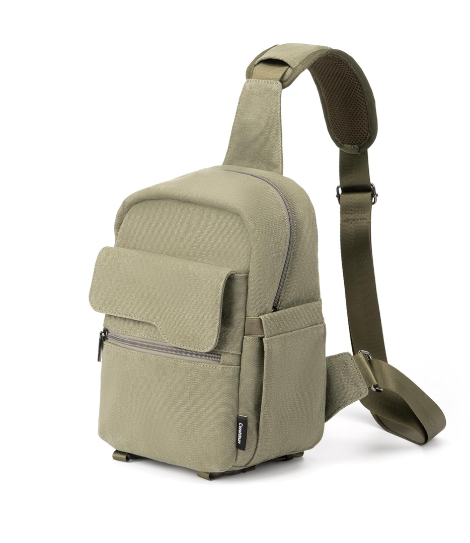 Cwatcun Camera Sling Bag Compact Small Camera Case, Waterproof Canvas Crossbody Camera Bag with Rain Cover, Travel Photography Bag for Canon Nikon Sony Fuji DSLR/SLR/Mirrorless Cameras, Lens, Green
