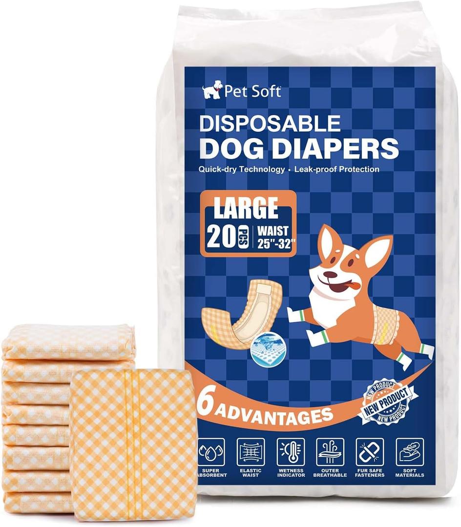 Pet Soft Male Dog Wraps - Disposable Dog Dipaers Male Wetness Indicator, Ultra Absorbent Puppy Diapers for Excitable Urination or Incontinence, 20pcs Large