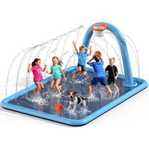 Splash Pad for Kids & Dogs, Large Sprinkler Pad Water Toys with Basketball Hoop, Thickened Non-Slip Splash Mat, Foldable Play Pool & Outdoor Summer Toys Ages 4-12 (102" Splash Pad)
