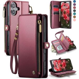 Defencase Compatible with iPhone 17 Case Wallet with RFID Blocking Card Holder for Women and Men, Fashion PU Leather Magnetic Snap Flip Zipper Strap Wallet Phone Case for iPhone 17 6.3", Wine Red