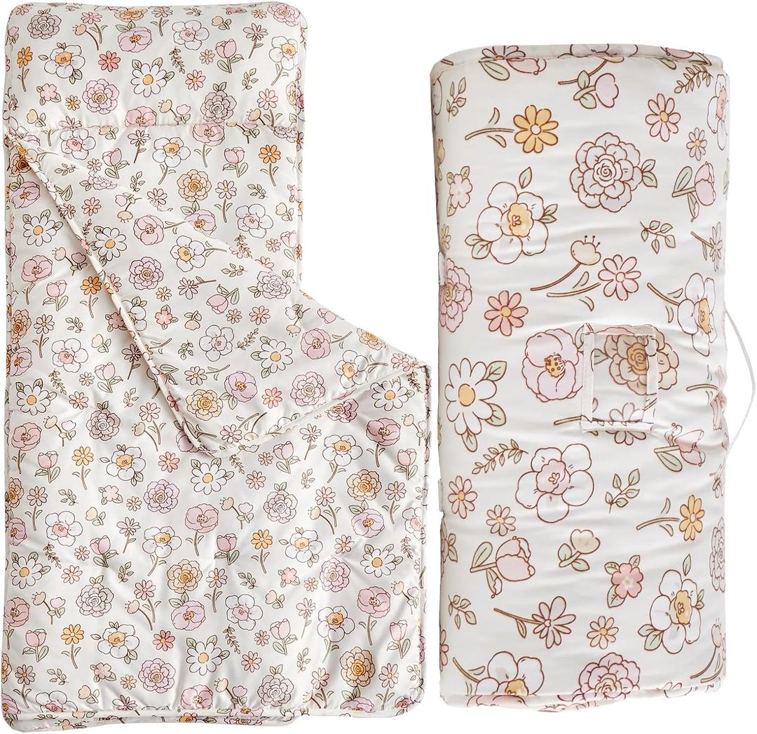 Toddler Nap Mat with Removable Pillow,Ultra Soft Slumber Bags for Girls,Kids Sleeping Bags with Rollup Design, Perfect for Preschool,Daycare, Kindergarten (Floral)