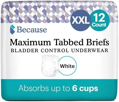 Because Adult Incontinence Tabbed Briefs for Women and Men - Adjustable Unisex Maximum Absorbency Disposable Underwear, Anti-Odor, Holds 6 Cups - White, XX-Large, 12 Count (Pack of 1)