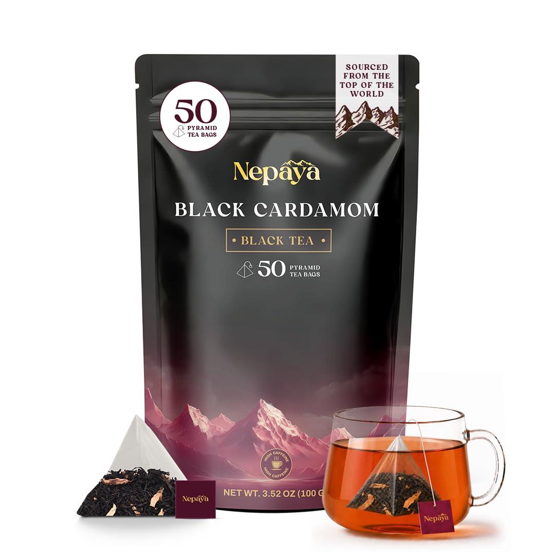 Nepaya Cardamom Black Tea Bags, 50 Biodegradable Pyramid Teabags, Whole Leaf Black Tea with Black Cardamom Flavor, Strong & Smoky, High Caffeine Energy Boost, Rich Aroma Tea Bags for Daily Brew (EXP 08/18/26)