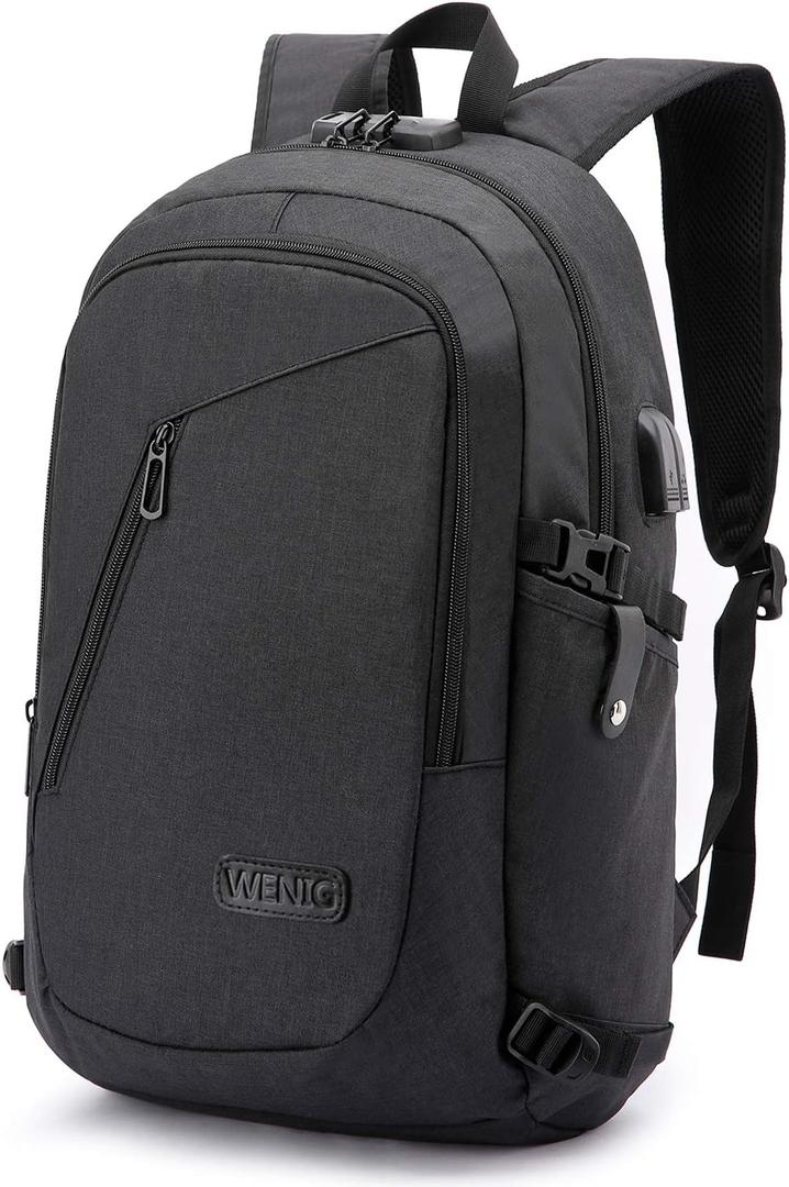 WENIG Anti-Theft Travel Laptop Backpack with USB Charging Port Lock,Water Resistant Slim Work Computer Bag for Men College Bookbags Fits 15.6 Inch Laptop, Black