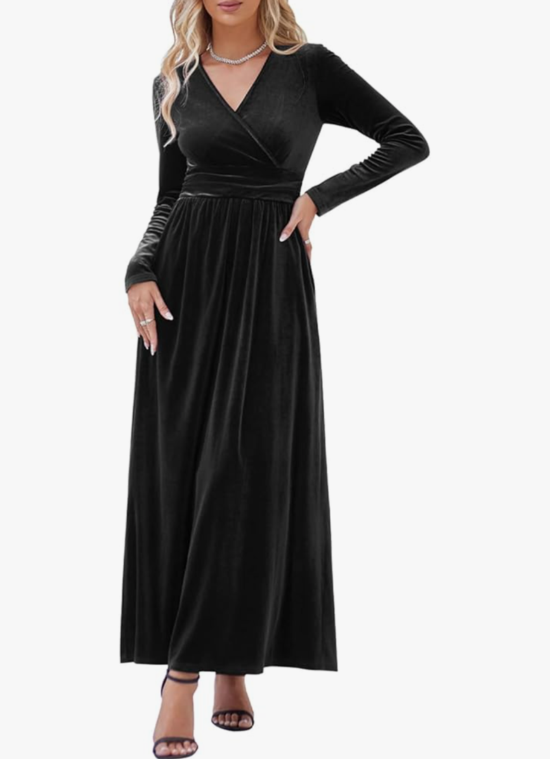 OUGES Women's Long/Short Sleeve V-Neck Wrap Waist Maxi Dress M Black