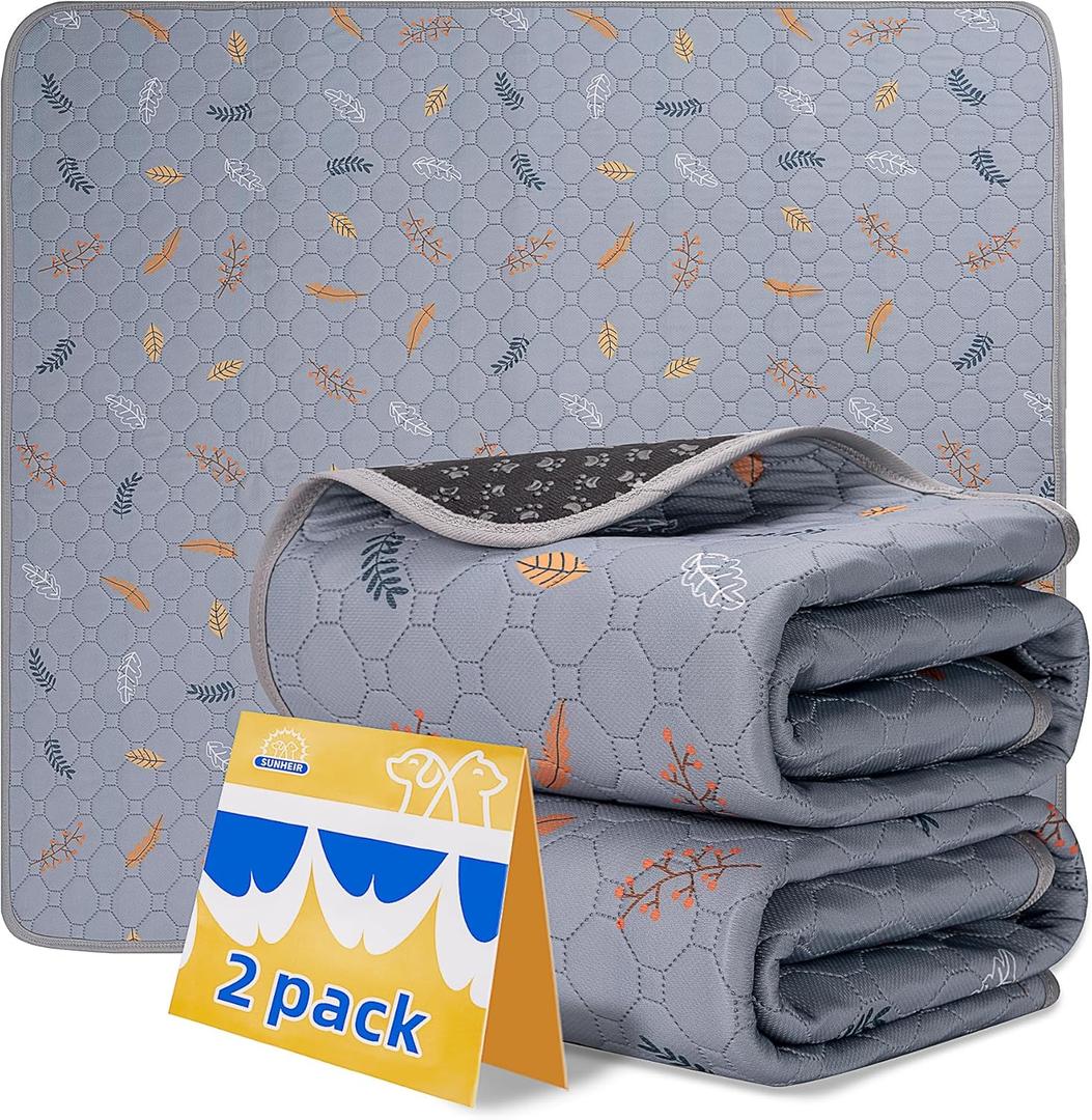 Sunheir Washable Pee Pads for Dogs - 2-Pack Thick Heavy-Absorbency Reusable Pee Pads Prevent Leakage Non-Slip, Waterproof Pet Training Pads for Puppy Playpen, Crate, Whelping Box, Potty Training (Leaves - Light Grey)