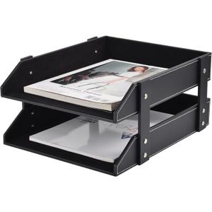 XNONE Leather Desk Organizer, 2-Tier Stackable Letter Tray Holder, Office Supplies Desktop Storage Box for Document, Stationery, Magazines, Newspapers, Letters and Other Home Office Paper Sundries, Black