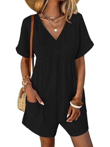 Nimsruc Jumpsuits For Women Summer Shorts Overalls Cotton Jumpers Short Sleeves Lightweight Ladies Rompers Vacation Black XL