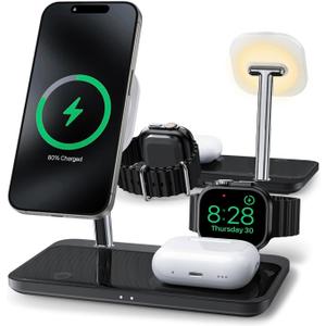 Wireless Charging Station for iPhone 16/15/14/13/12 Series, 4 in 1 Mag-Safe Charging Stand for Multiple Apple Watch Series 9-1/Ultra/SE&Airpods 4/3/2/Pro, Magnetic Wireless Charger with Night-Lamp (Black)