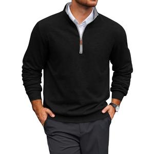 Yousify Mens Quarter Zip Pullover Mock Neck Long Sleeve Sweatshirts Casual Cotton Lightweight Golf Shirts Black, L