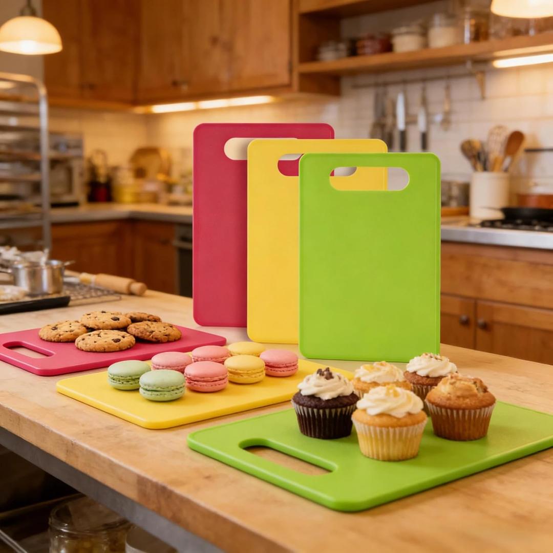 Plastic Cutting Board Set, 3 Pack Small Chopping Boards for Kitchen, Color Coded Boards Pads for Meat Vegetable Fruit, Easy Grip Handle, Non-Slip, Space Saving