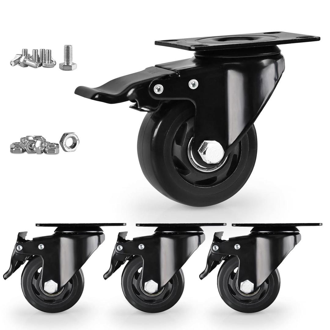 Caster Wheels, Heavy Duty 3 Inch Casters Set of 4, Locking Swivel Casters Wheels for Cart, Furniture and Workbench, Black