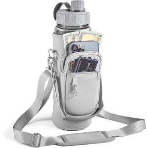 Water Bottle Holder with Strap,Water Bottle Bag,32/40 oz Large Capacity,Adjustable Shoulder Hand Strap,2 Phone Pocket Water Bottle Holder,Water Bottle Accessories for Camping Running Walking (Grey)