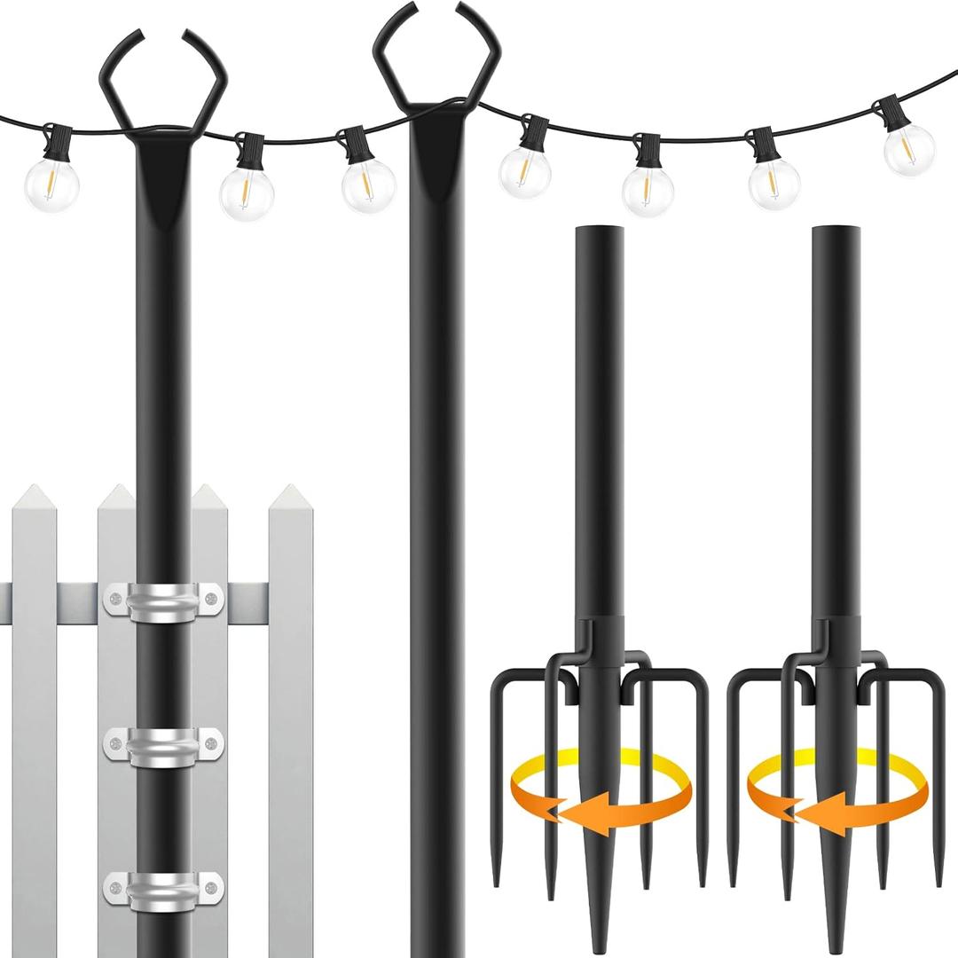 2 Pack String Light Poles,10 Ft Light Poles for Outside String Lights, Outdoor Lights Pole with Fork, Metal Poles Stand for Patio Deck Backyard