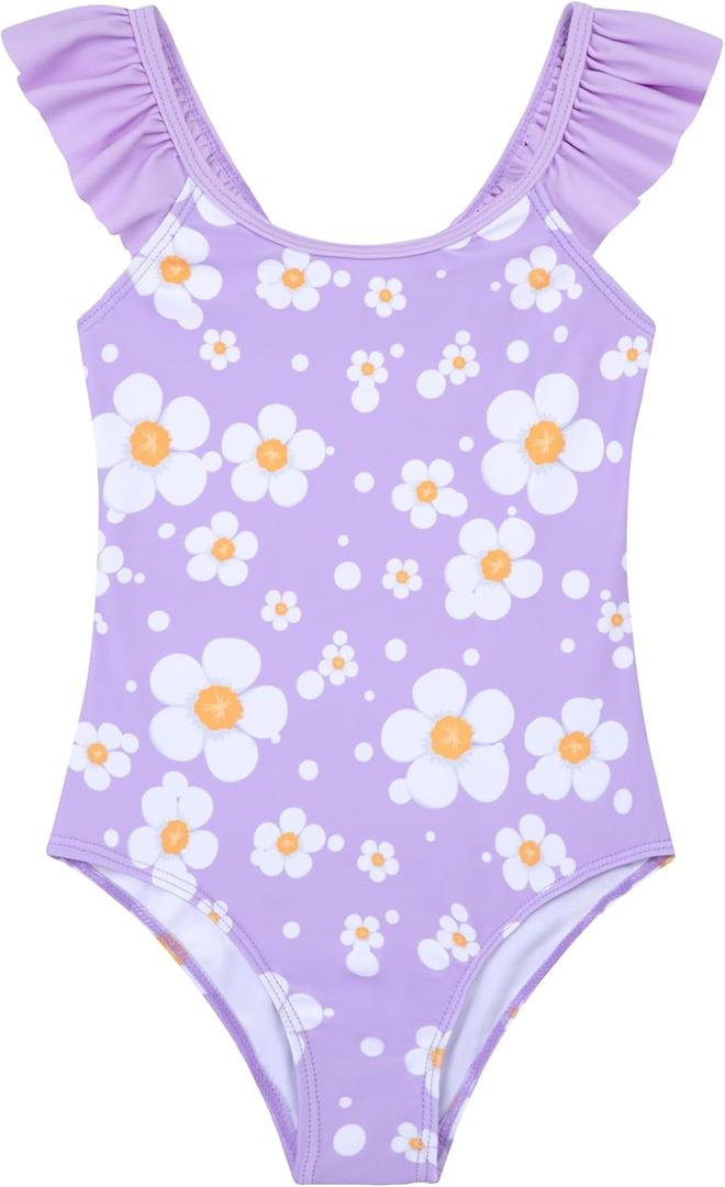 DAXIANG Girls Swimsuit One Piece Bathing Suit Cute Little Kids Swimming Suits Beach Swimwear Size 5-6 Purple Floral