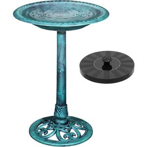 VECELO 28" Pedestal Outdoor Bird Bath with Solar Powered Fountain for Outside, Vintage Bronze Polyresin Lightweight Antique, Yard/Garden Decoration, Green