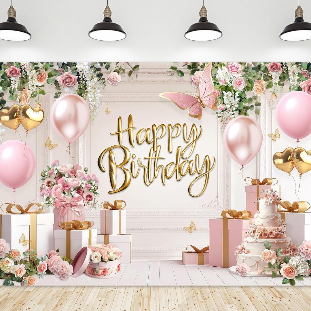 Riyidecor Happy Birthday Backdrop for Women Fabric Pink Flowers Balloons Elegant Floral Cake 7Wx5H Feet for Princess Girls Bday Photography Background Birthday Baby Shower Photo Studio Shoot (01)