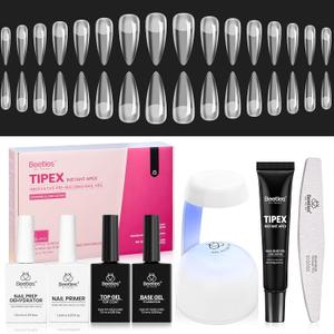 Beetles Tipex Instant Apex Nail Tips Kit  Stiletto Long, Pre-Building Pre-Etched Thick Acrylic Tips with Tipex Nail Glue, Dehydrator, Primer, Base & Top Coat, Mini UV Lamp 224PCS in 16 Sizes