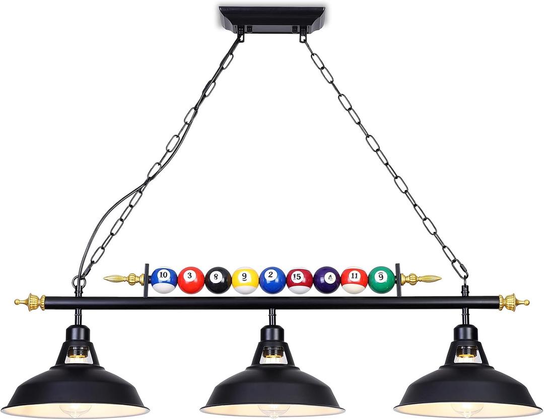 3-Light Billiard Pool Table Lights Hanging Over Pool Table, Black Matte Metal Shades with Billiard Ball Decor, for Billiards Room, Snooker Table, Kitchen Island