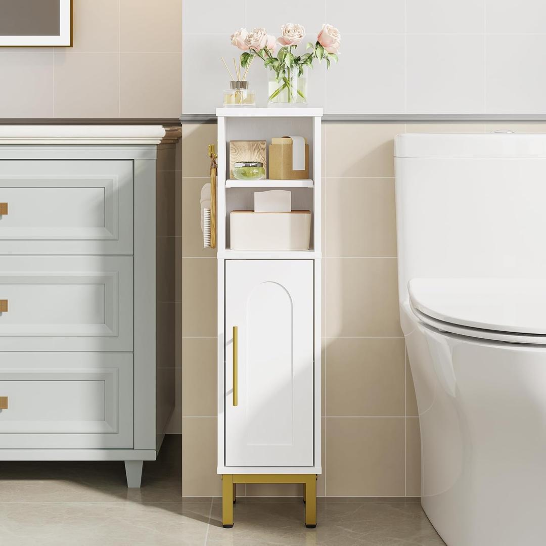 Bathroom Storage Cabinet, Corner Floor Cabinet with Door & Shelves, 2Hooks, Small Narrow Storage Organizer, Toilet Paper Cabinets for Small Space, White SC16313G
