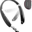 AMORNO Foldable Bluetooth Headphones Wireless Neckband Headset with Retractable Earbuds, Sports Sweatproof Noise Cancelling Stereo Earphones with Mic (Black)