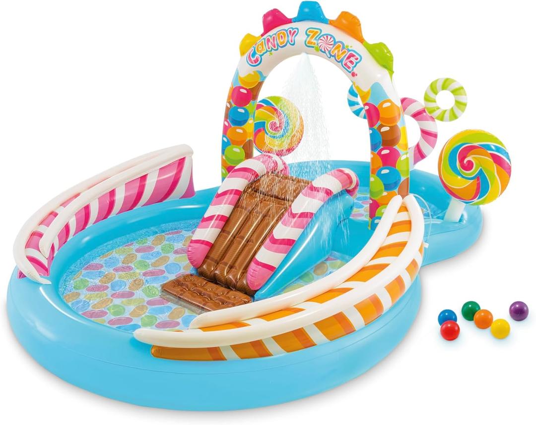 INTEX Candy Zone Inflatable Kiddie Pool: Inflatable Kids Pool with Water Sprayer and Slide  Splash Pad  116" x 75" x 51"  Ages 3+ (Multicolor)