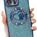 Weonmov Compatible for iPhone 16 Pro Case Glitter Clear Paw Love Heart Compatible with MagSafe, Camera Lens Protection Soft Slim Thin Magnetic Bling Phone Case - Blue