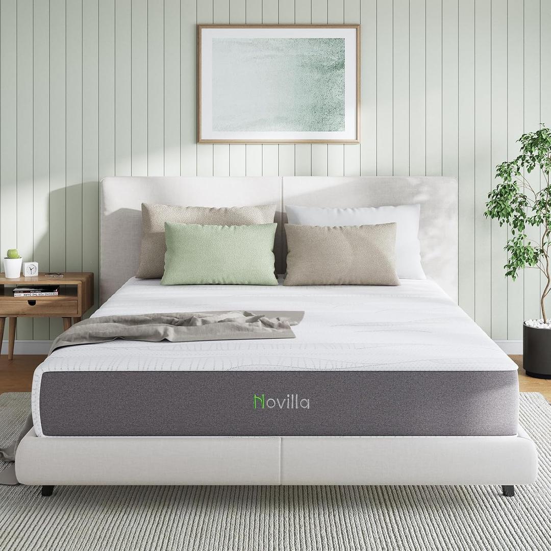 Novilla Queen Mattress, 12 Inch Gel Memory Foam Queen Size Mattress in a Box, Bamboo Charcoal Foam & Breathable Cover for Clean, Peaceful Sleep, Supportive & Pressure Relieving, CertiPUR-US Certified (White & Grey)
