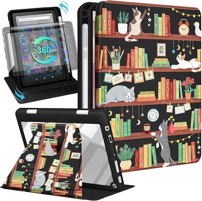 Kidcube for Kindle Fire HD 8/8 Plus Tablet Case - 10th/12th Generation (2020/2022) 8" Women Girl Folio Cover with Pencil Holder Cute Cartoon Cat Kawaii Rotating Stand Cases for Amazon Fire HD 8/8 Plus