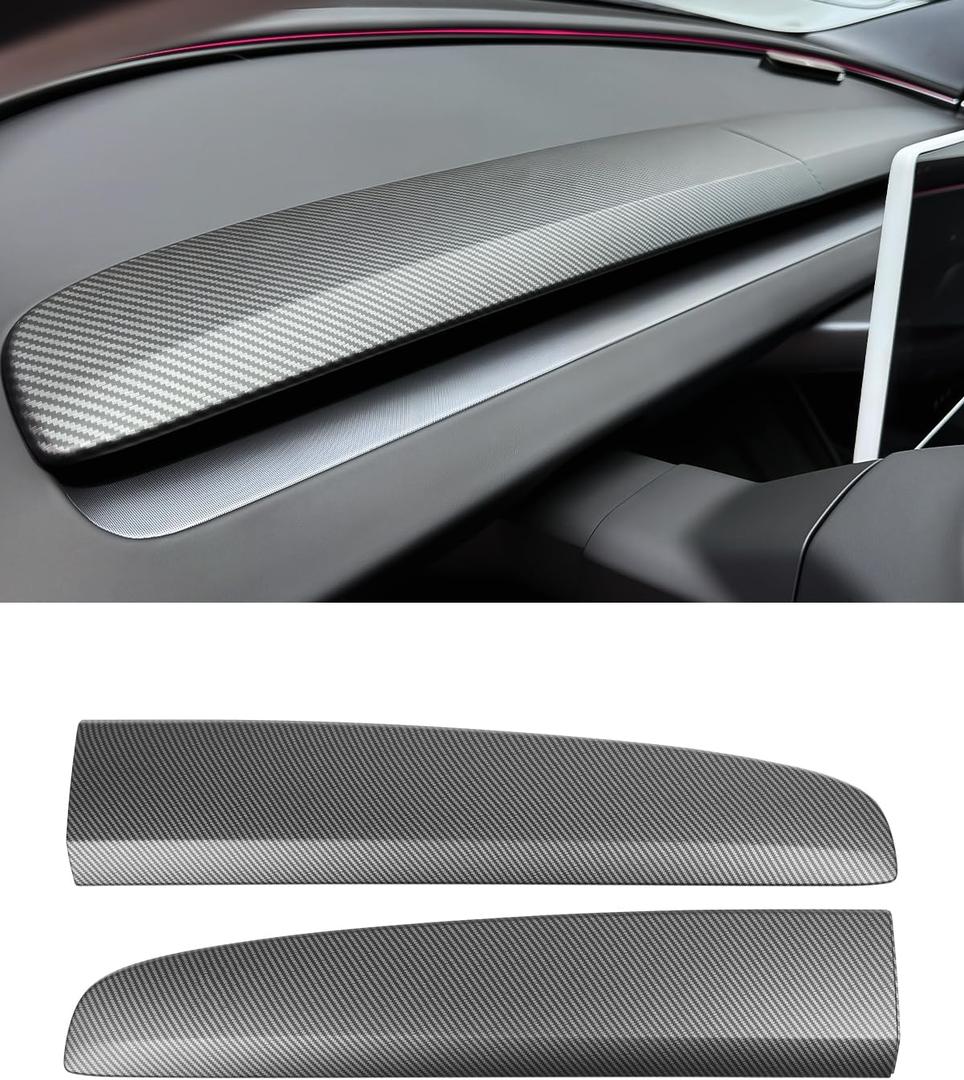 KKTR-CAR Dashbooard Cover 2pcs ABS Dashboard Panel Trim Cover Sticker Compatible with Tesla Model Y Juniper 2025 2026 Model 3 Highland 2024-2026 (Matte Carbon Fiber)