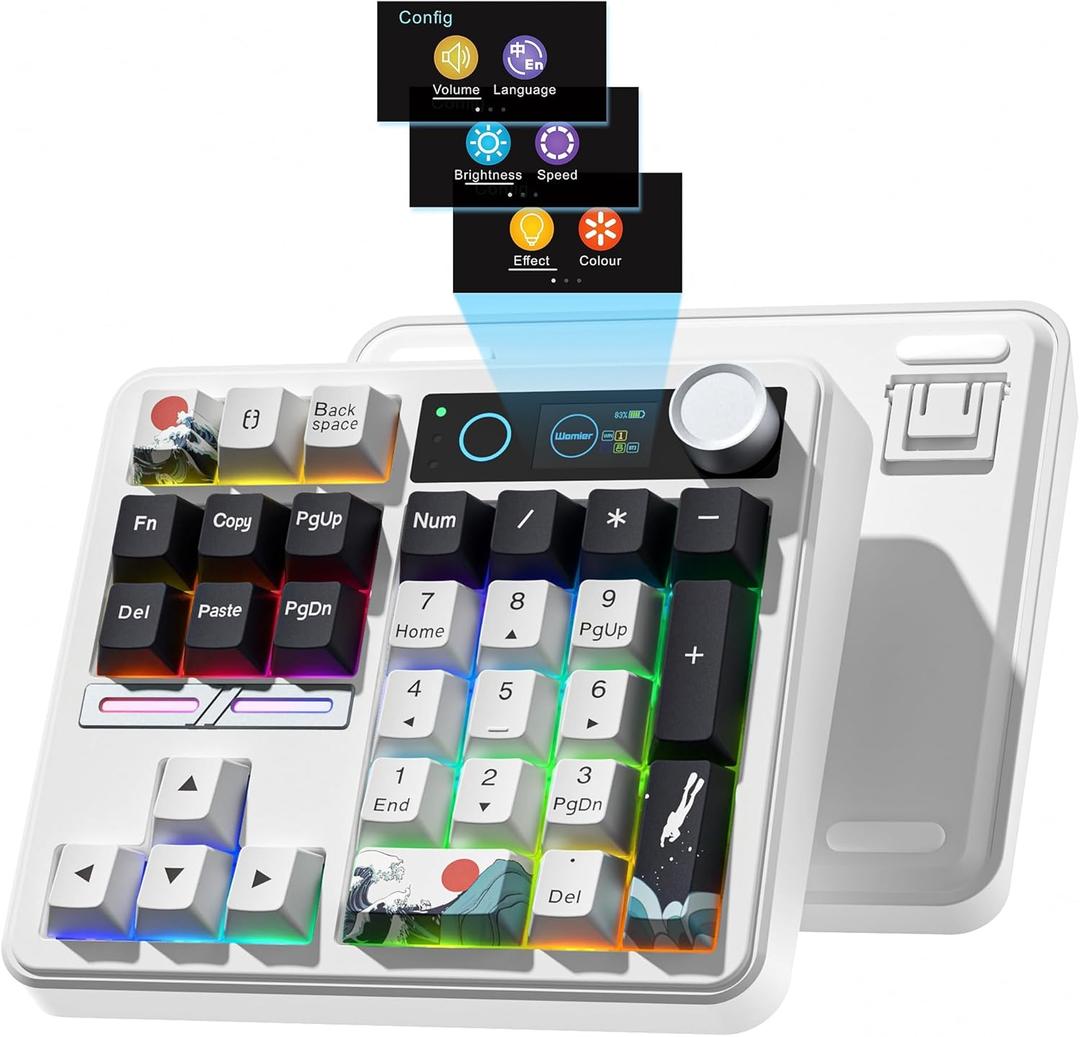 Womier SK30 Mechanical Numpad, Mini Keyboard with Screen & Knob, Bluetooth/2.4G/USB-C Wireless Numeric Keypad, Macro Software RGB Number Pad Hotswap, Rechargeable Number keypad for Mac Windows,White